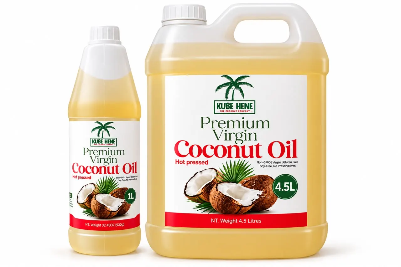 Kubehene hot-pressed coconut oil in a 1-litre bottle and a 4.5-litre jerrycan