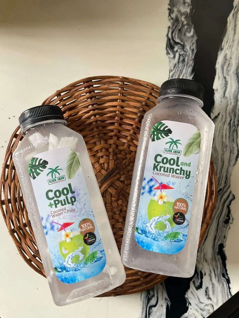 Kubehene Cool and Krunchy and Cool + Pulp bottled coconut water, 100% natural, made in Ghana